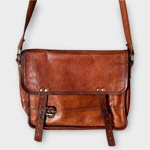 Vintage Brown Leather Crossbody Messenger Bag Green Canvas Lining Satchel